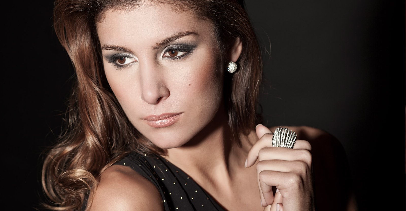 fotografia de modelo con anillo y pendientes de joyeria